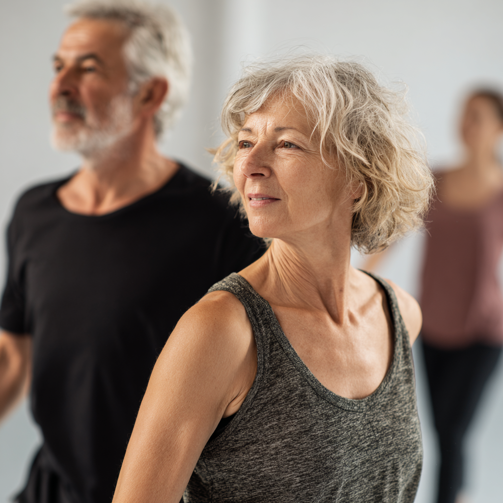 Middle-aged adults practicing gentle movement exercises in a bright studio space