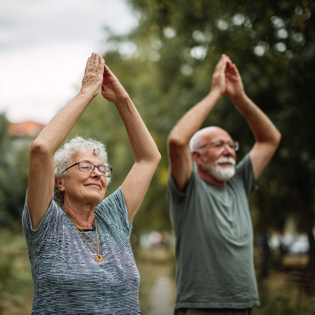 Older adults engaging in mindful movement practice outdoors